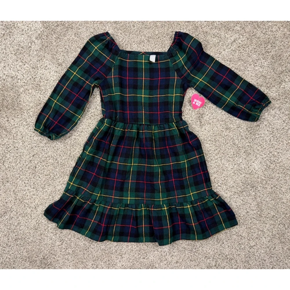 The Children's Place Girls Green Plaid Tartan Ruffle Hem Holiday Dress Size 5/6